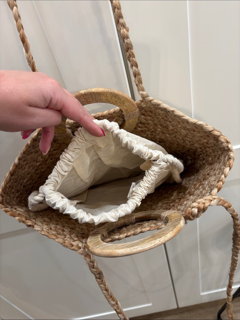 Woven Straw Tote Bag with Wooden Handle - Natural - Picture 4 of 7